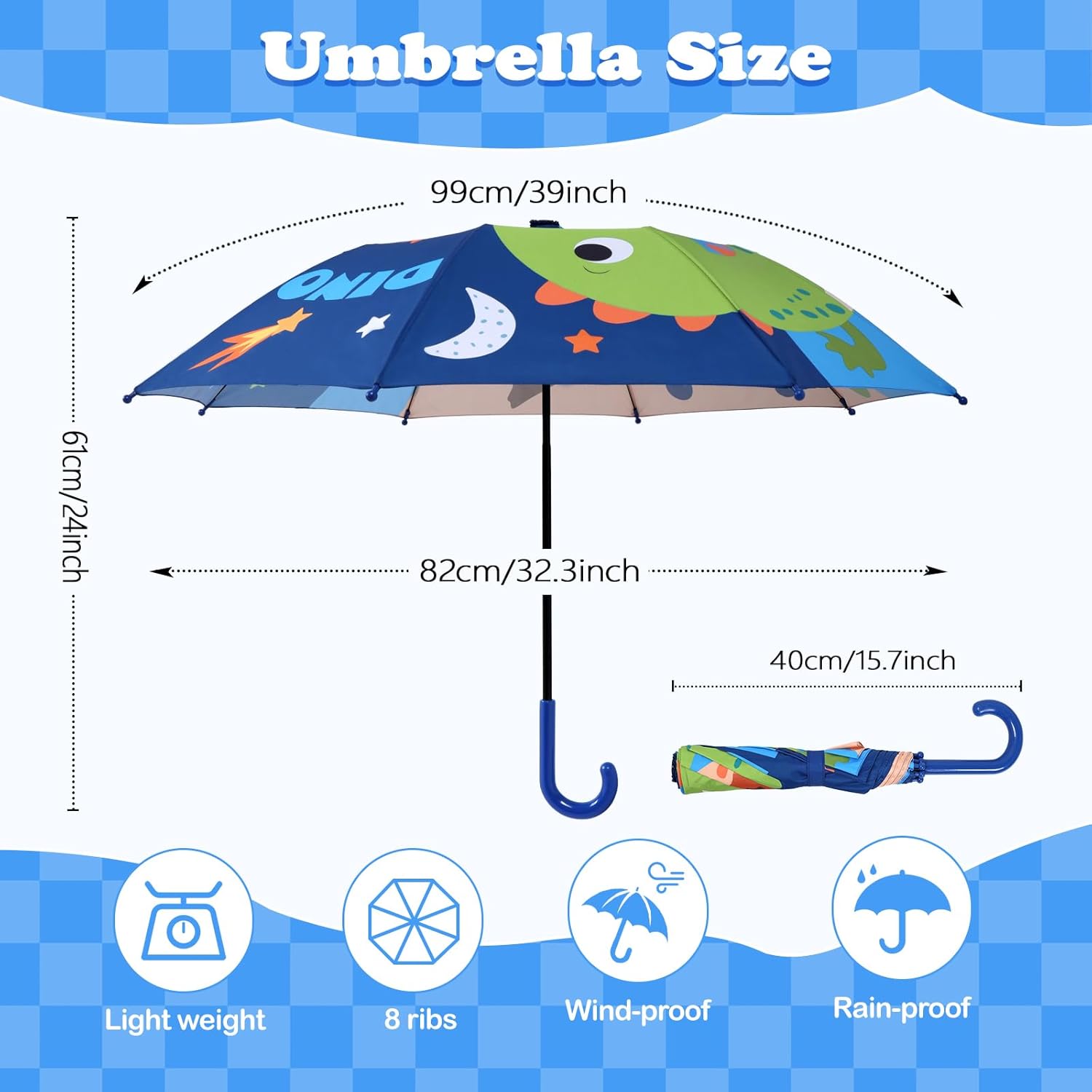 Kids Umbrella, Safety Windproof Umbrella with Easy-Grip Hook Handle for Toddler Girls and Boys