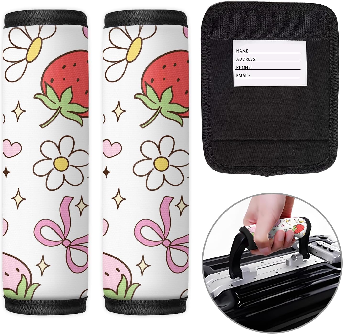 2 Pack Luggage Handle Wrap Travel Tags - Set of Luggage Tags for Suitcases, Identifiers, Marker, and Handle Covers - Cruise Accessories and Travel Gifts（Cute Strawberry Flower Bow