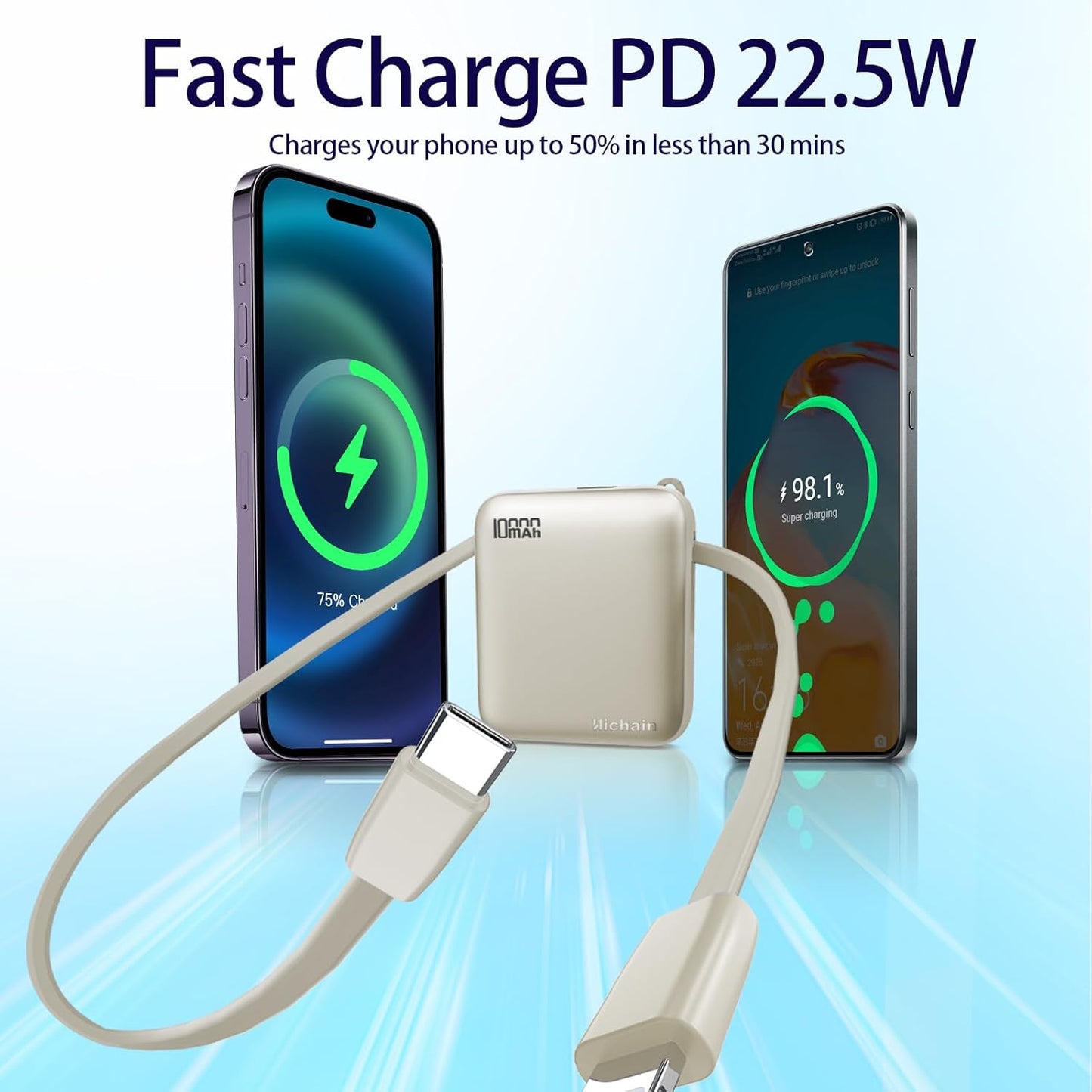 Hichain Small Portable Charger with Built in Cables LED Display, Mini Power Bank 10000mAh 22.5W USB-C Fast Charging Battery Pack, Travel Essential Power Bank for iPhone, iPad, Samsung, Android (Gold)