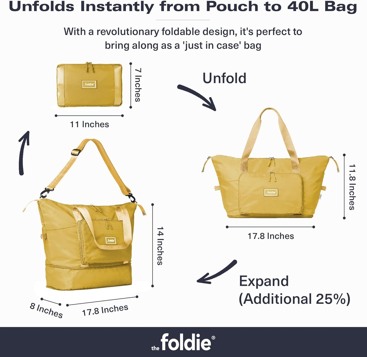 The Foldie Foldable Travel Bag for Women - 40L Weekender Bag with Multiple Pockets - Carry On Expendable Travel Bag
