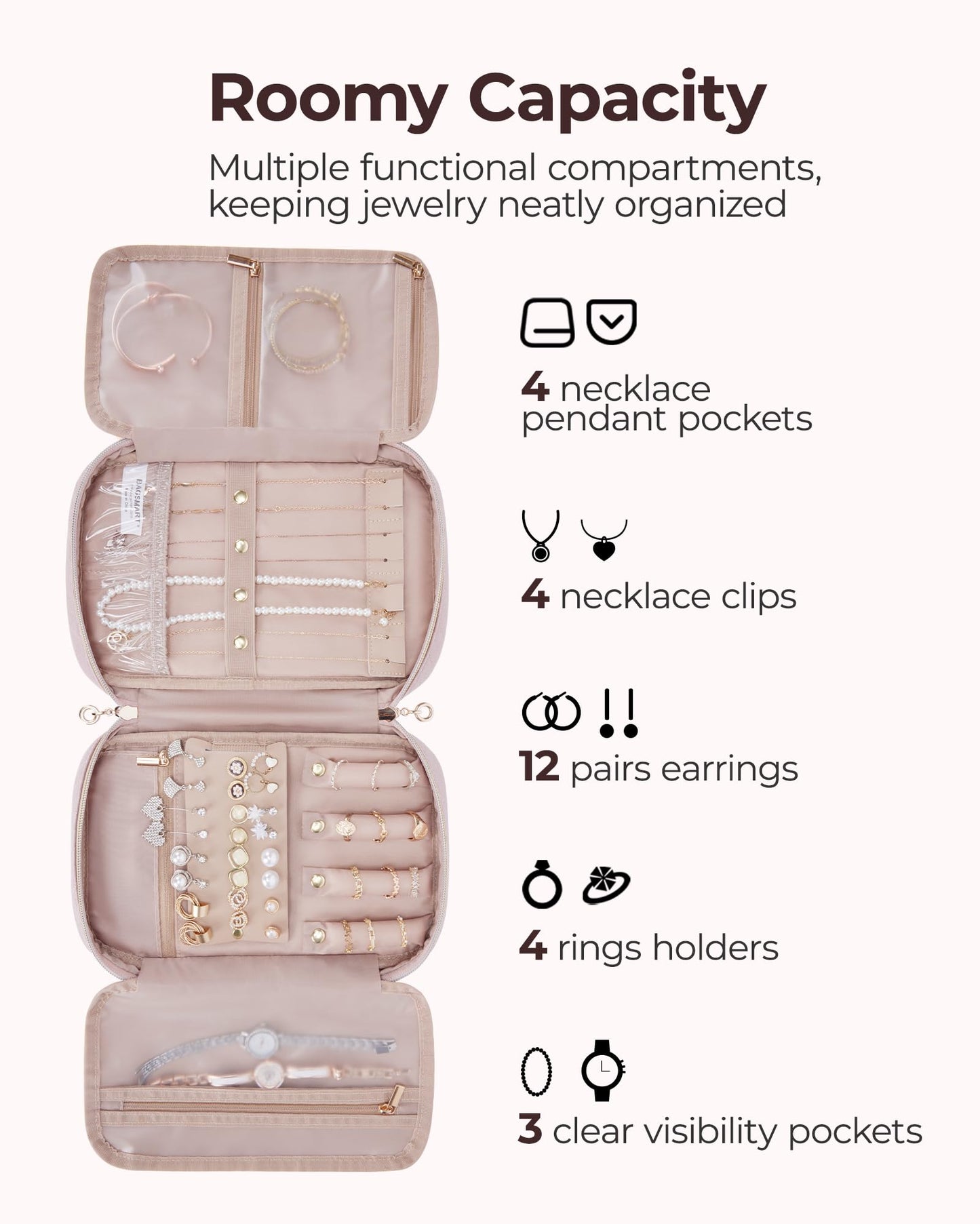 BAGSMART Jewelry Organizer Case Large Travel Jewelry Storage Bag for Necklace, Earrings, Rings