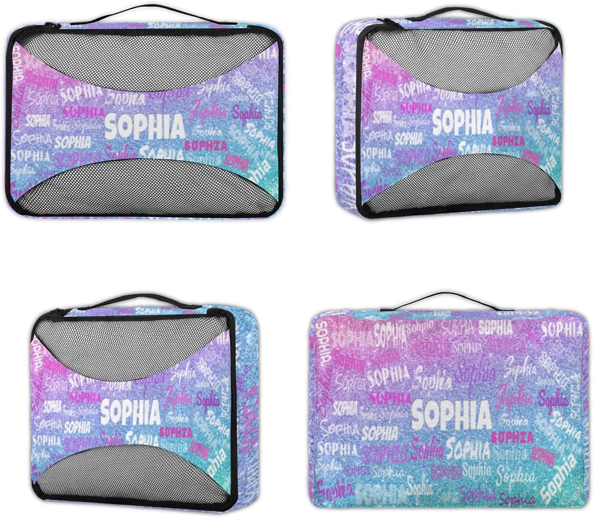 4pc Personalized Name Packing Cubes for Travel - Luggage Packing Organizers - Travel Packing Cubes for Suitcases, Dreamy Glittery Effect, Colorful Names