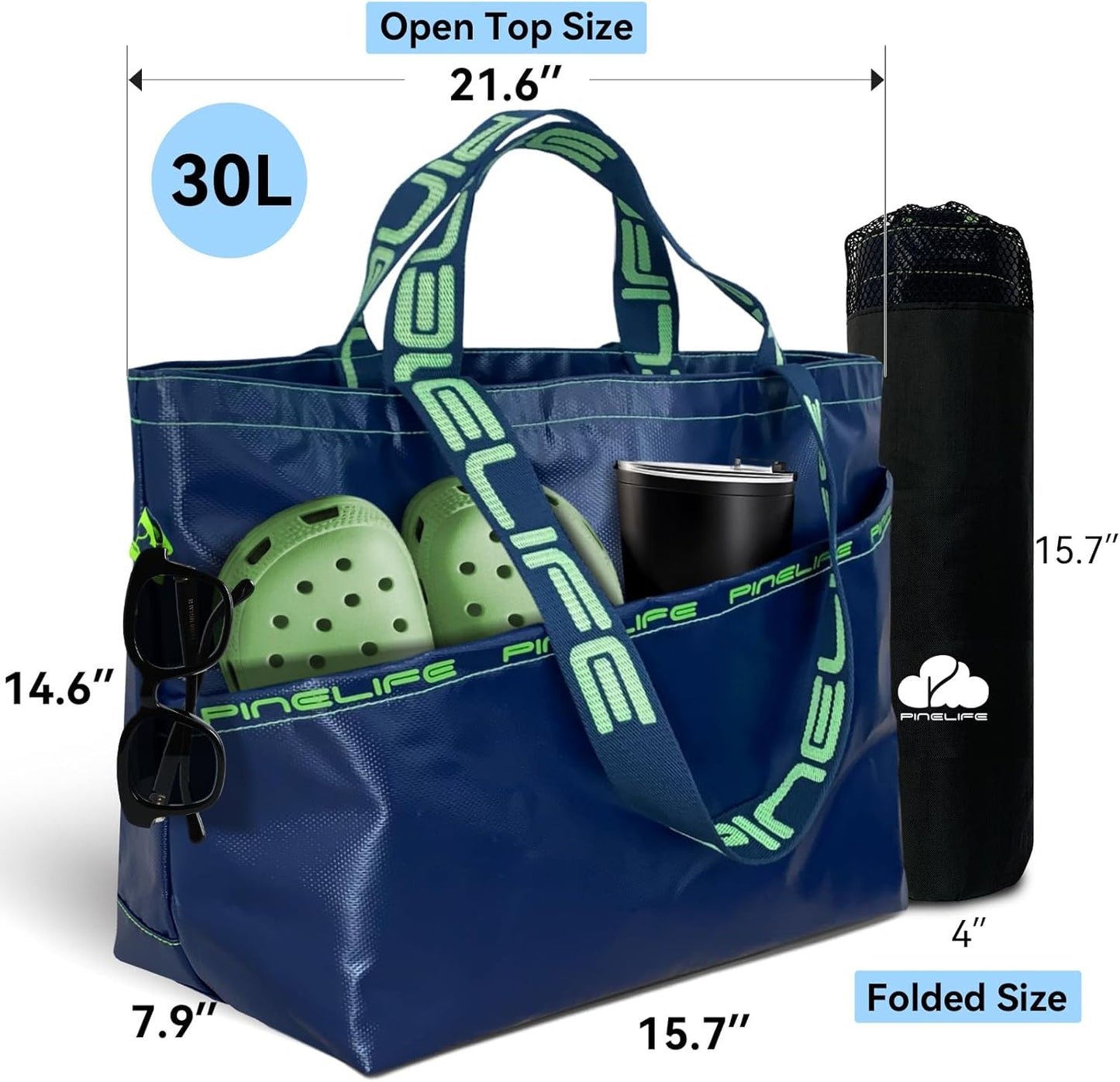 Extra Large Tote Bag Foldable Waterproof Summer Beach Bag for Women Men, Dual Handles, for Swim Gym Camping Shopping