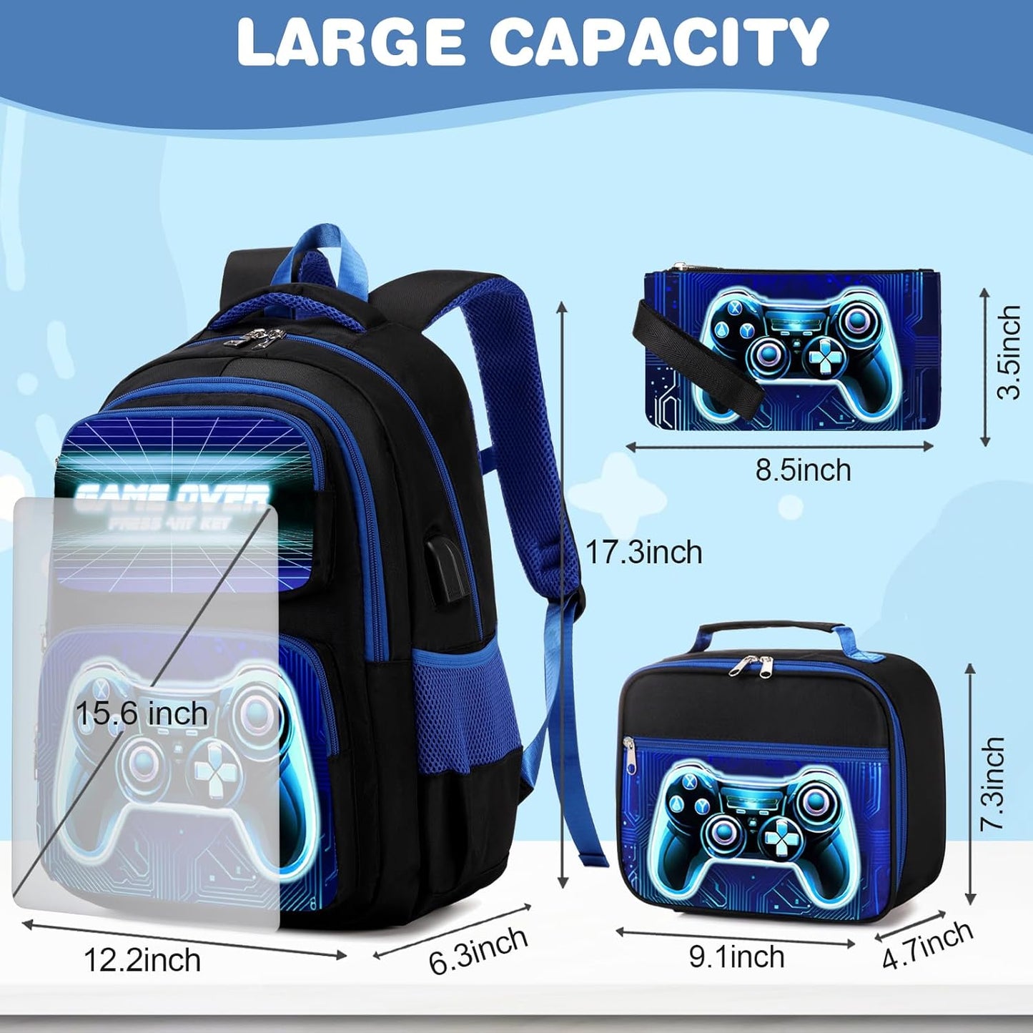Bevalsa Backpack for Boys, School Bags for Kids, Bookbag for Boys Girls Children Teens Backpacks for Elementary Middle High school Student, Bookbag and Lunch Bag Set with USB Charging Port (Blue)