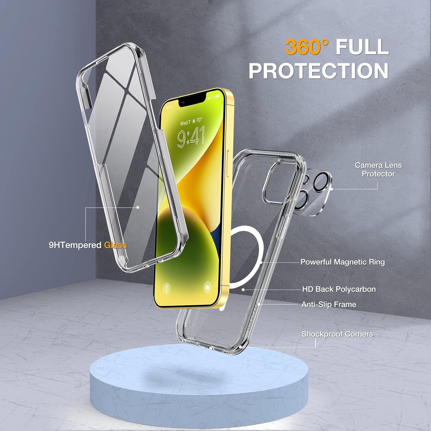 Miracase Glass Series Designed for iPhone 14 Plus Case 6.7 inch, 2023 Upgrade Full-Body Magnetic Clear Case with Built-in 9H Tempered Glass Screen Protector,Compatible with MagSafe,Clear