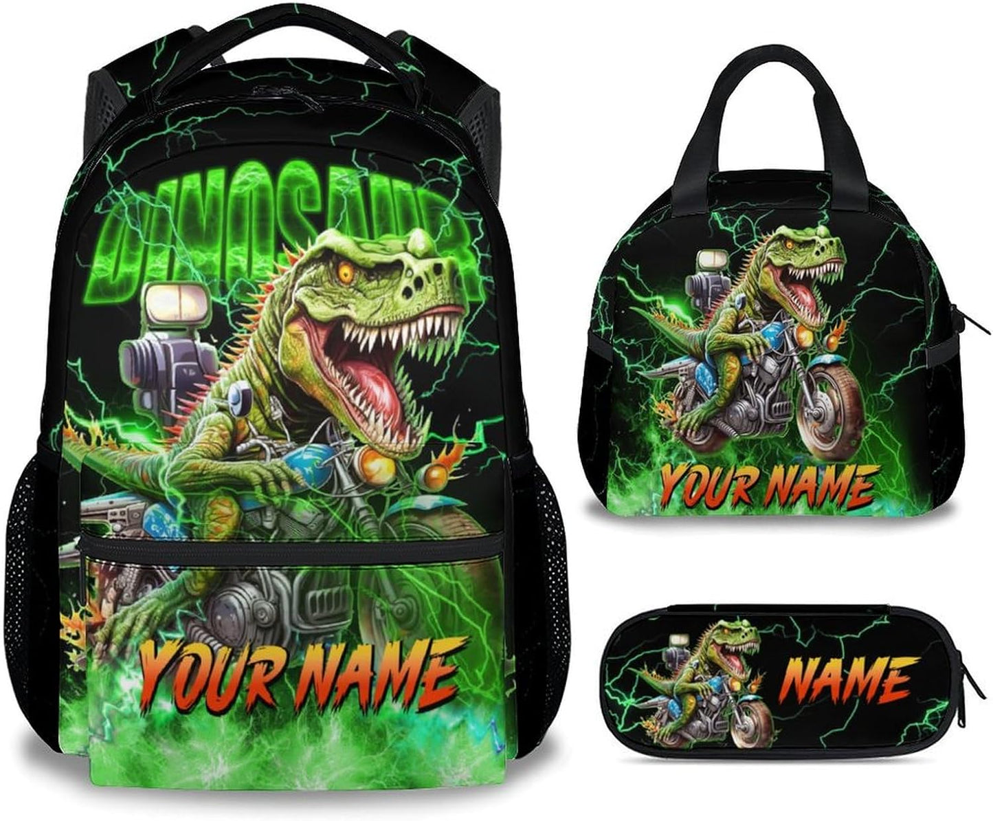 Personalized Backpack with Lunch Box, Dinosaur Backpacks for Boys, 17 Inch Custom Kids School Bag Set, Motorcycle Bookbags for Elementary