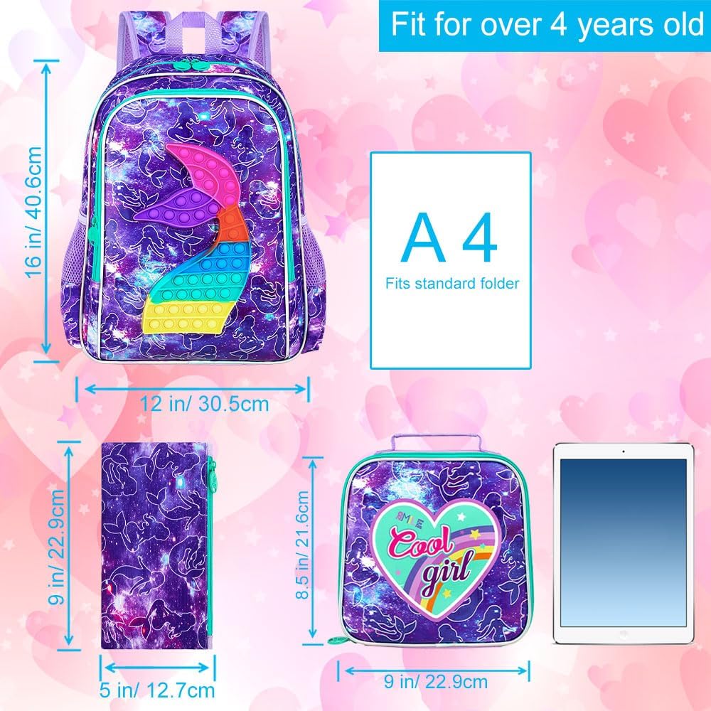CCJPX 3PCS Mermaid Backpack for Girls, 16”Kids Water Resistant Elementary Preschool Kindergarten