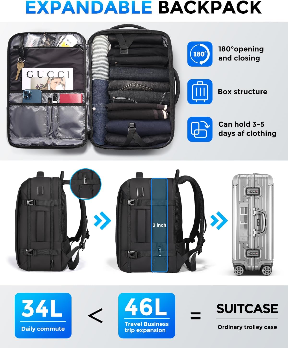 Travel Backpack for Men, Flight Approved Carry On Luggage Backpack with USB Port, Water Resistant Expandable Computer Daypack, 17.3 Inch Black Business Laptop Backpack for College/Work