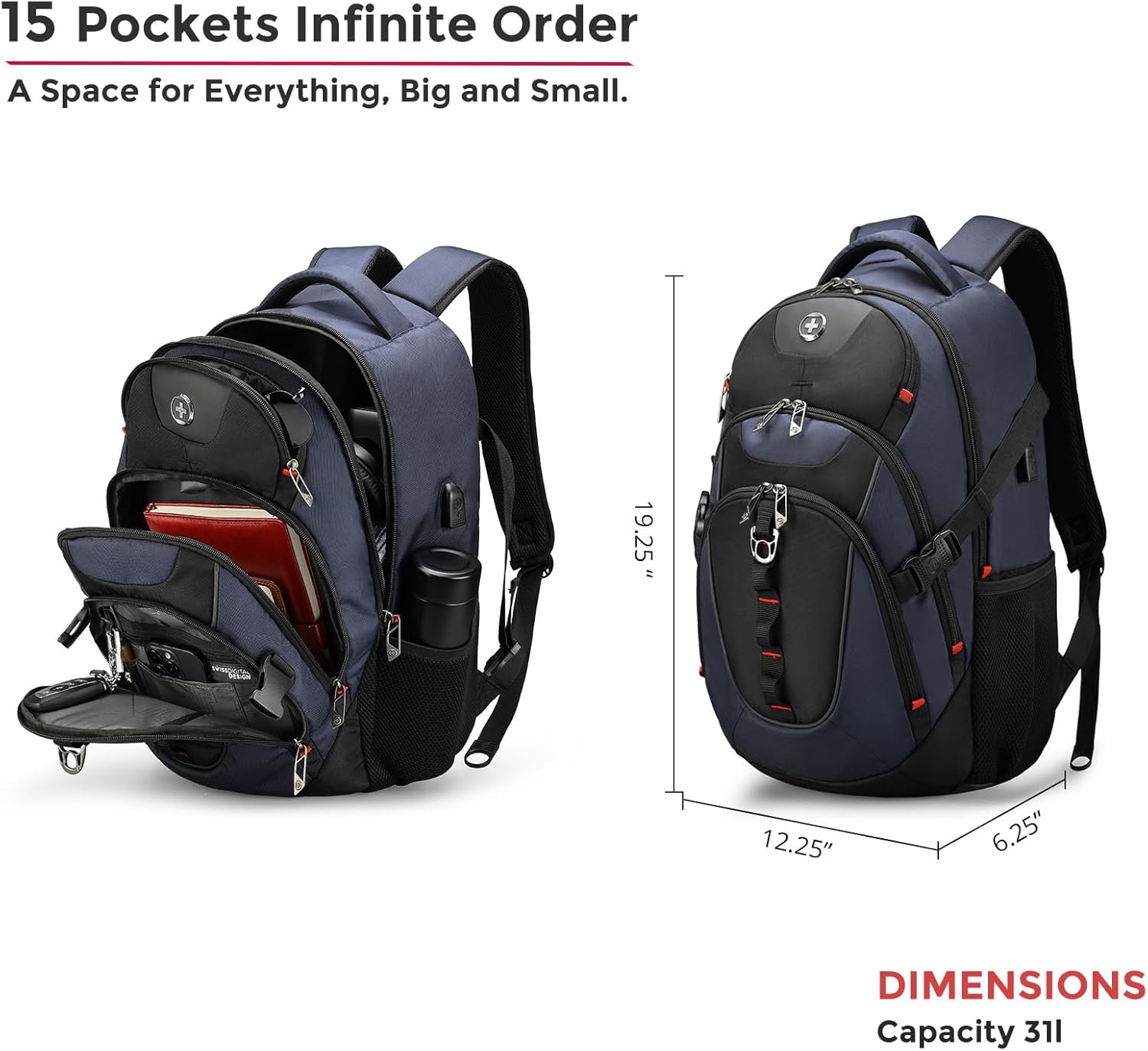 Swissdigital Design Laptop Backpack with USB Charging Port, Travel Backpack Fits 15.6 inches