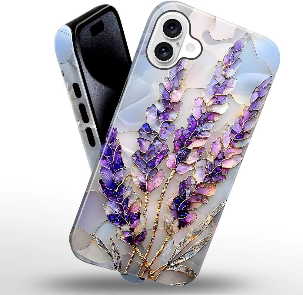 Case for iPhone 16 - Slim Fit Anti-Scratch Phone Case for Girl Women - Lavender Stained Glass Purple Floral (Glossy)
