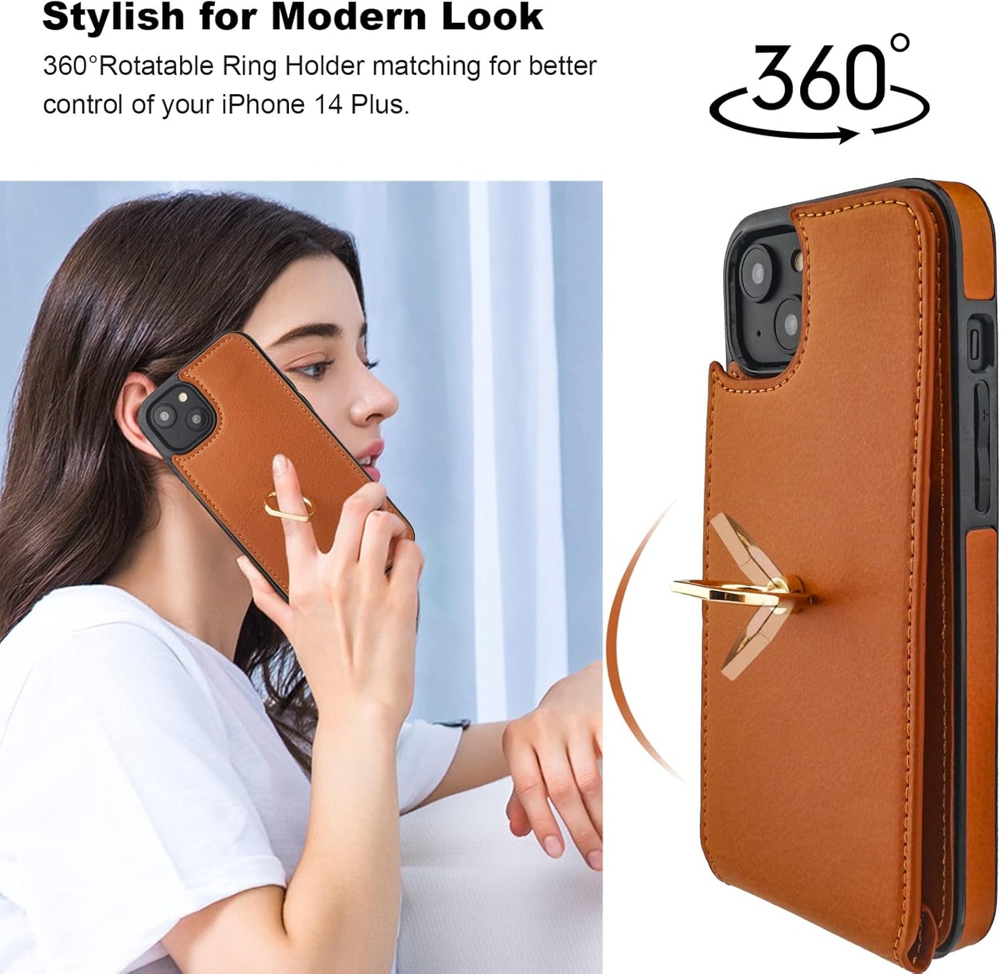 Folosu Compatible with iPhone 14 Plus Case Wallet with Card Holder, 360°Rotation Finger Ring Holder Kickstand, RFID Blocking Leather Protective Double Buttons Shockproof Cover 6.7 Inch Brown