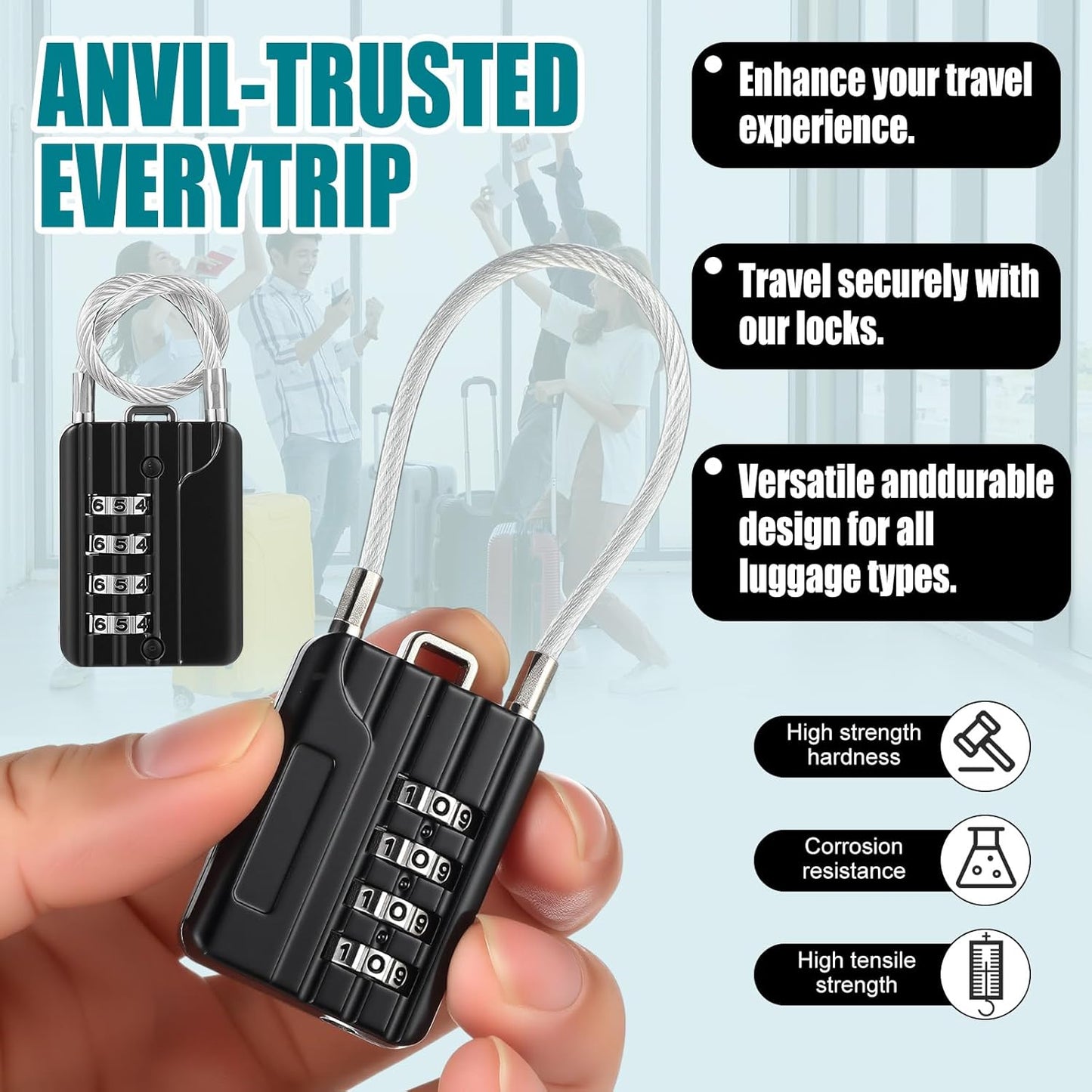 Moxweyeni 16 Pack Luggage Combination Lock 4 Digit Cable Padlock for Gym Padlock Waterproof Resettable Padlocks for Travel Suitcase Backpack School Gym Cabinet (Black)