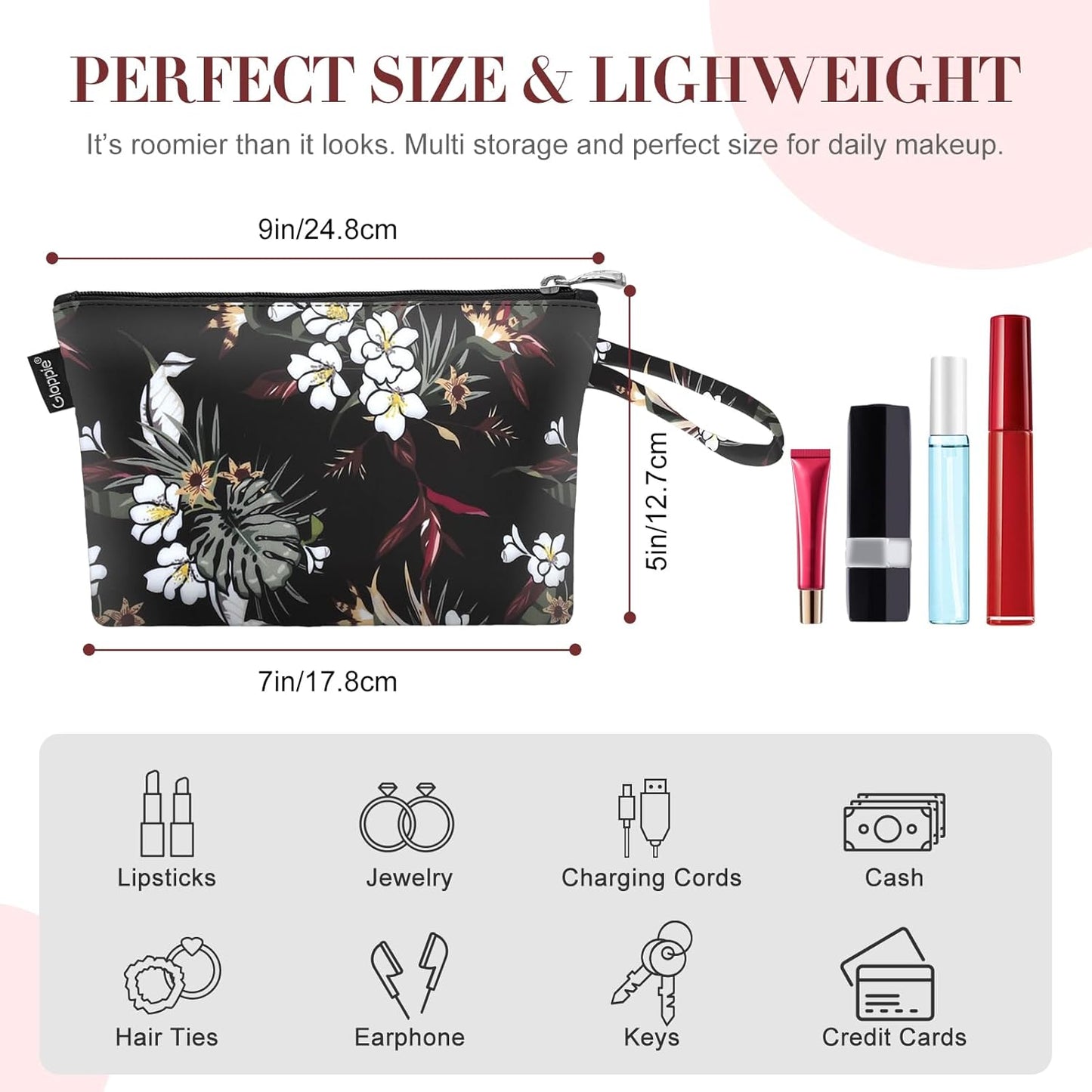 Gloppie Small Makeup Bag Summer Sunscreen Bag Cosmetic Bag for Purse Travel Make up Bags for Women Zipper Makeup Pouch White Flower