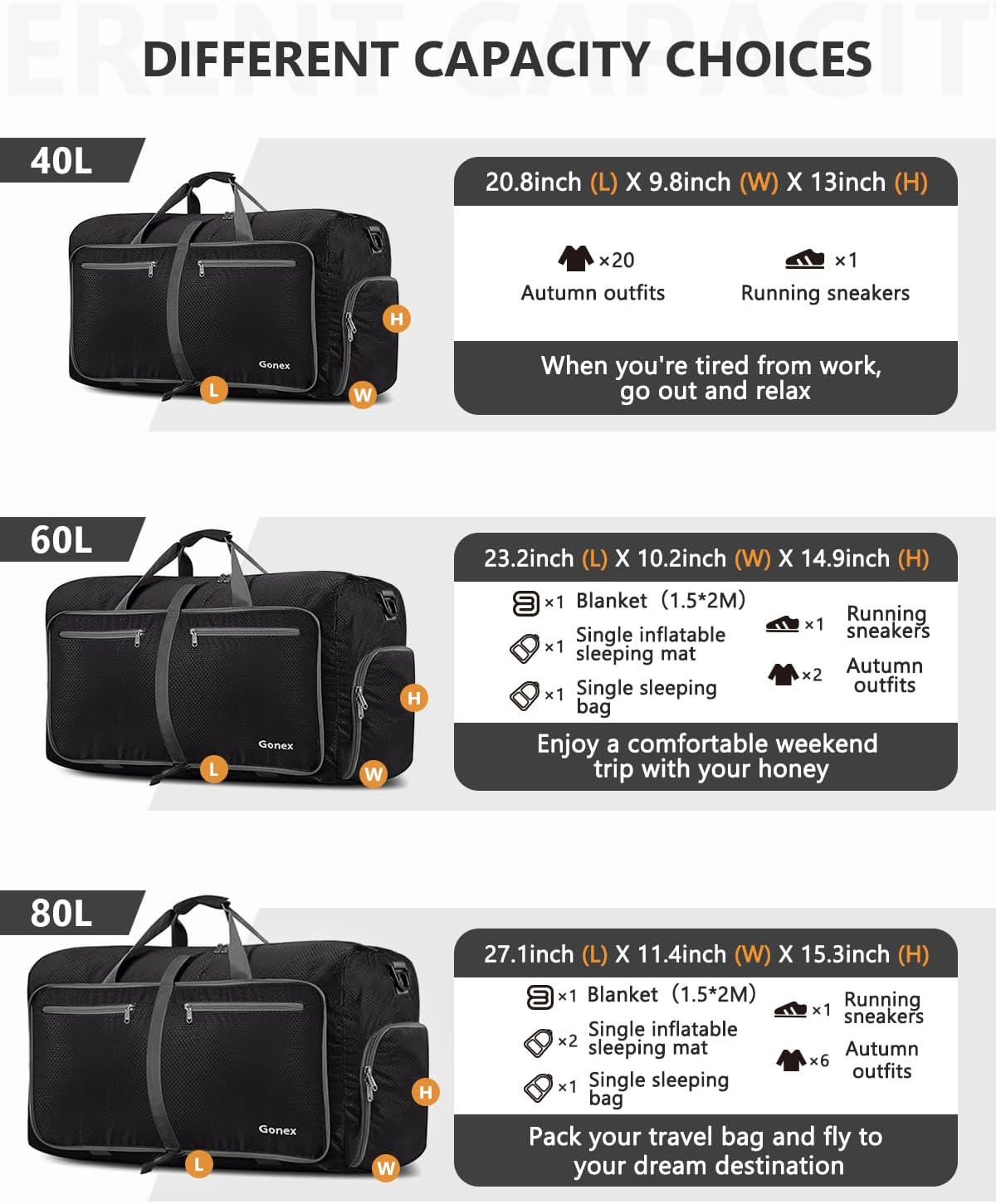 Gonex 40L 60L 80L 100L 150L Large Foldable Travel Duffle Bag with Shoes Compartment, Packable