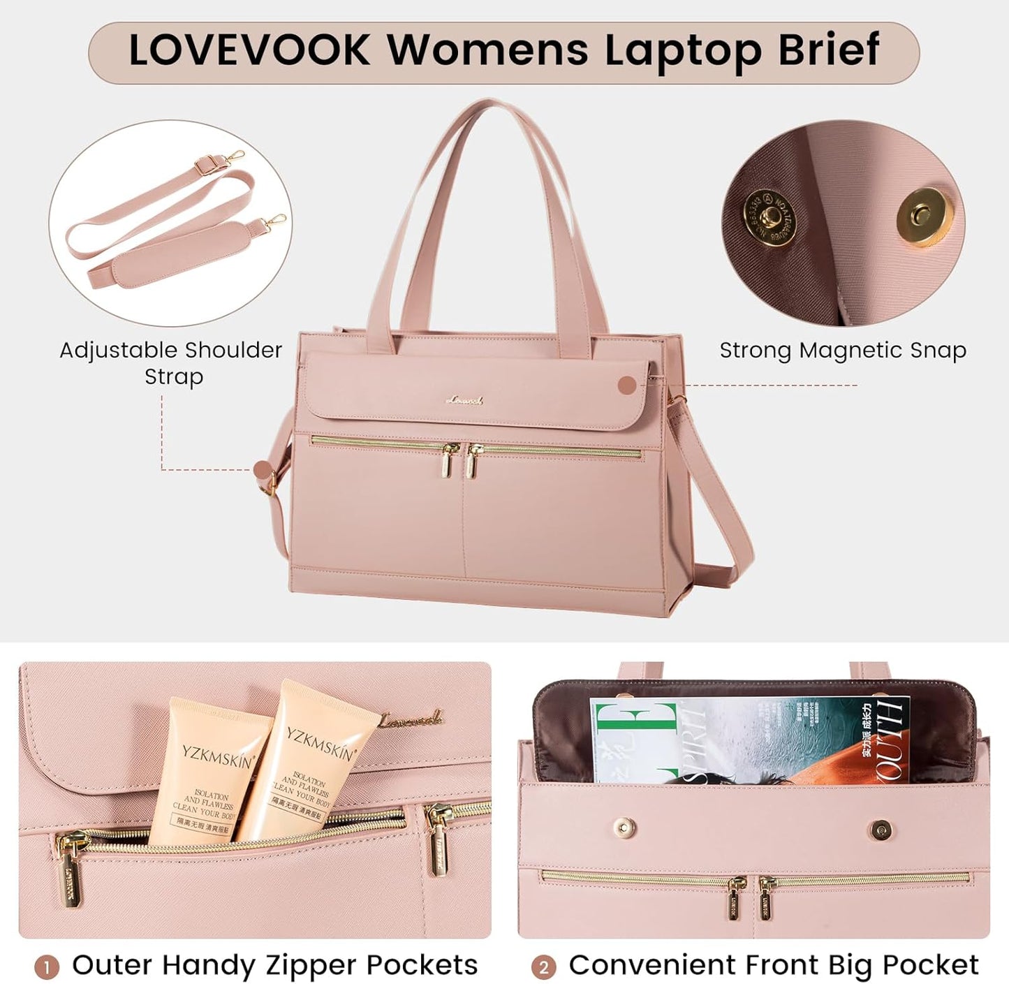 LOVEVOOK Laptop Bag for Women 15.6 Inch Laptop Tote Work Professional Leather Computer Briefcase Waterproof Handbag Shoulder Large Capacity Business Teacher Office Bag Crossbody Purse,Pink