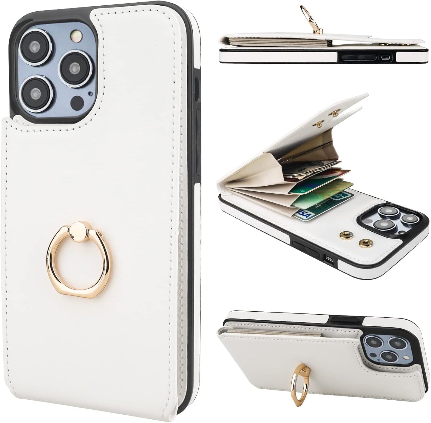 Folosu Compatible with iPhone 14 Pro Max Case Wallet with Card Holder, 360°Rotation Finger Ring Holder Kickstand, RFID Blocking Leather Protective Double Buttons Shockproof Cover 6.7 Inch White