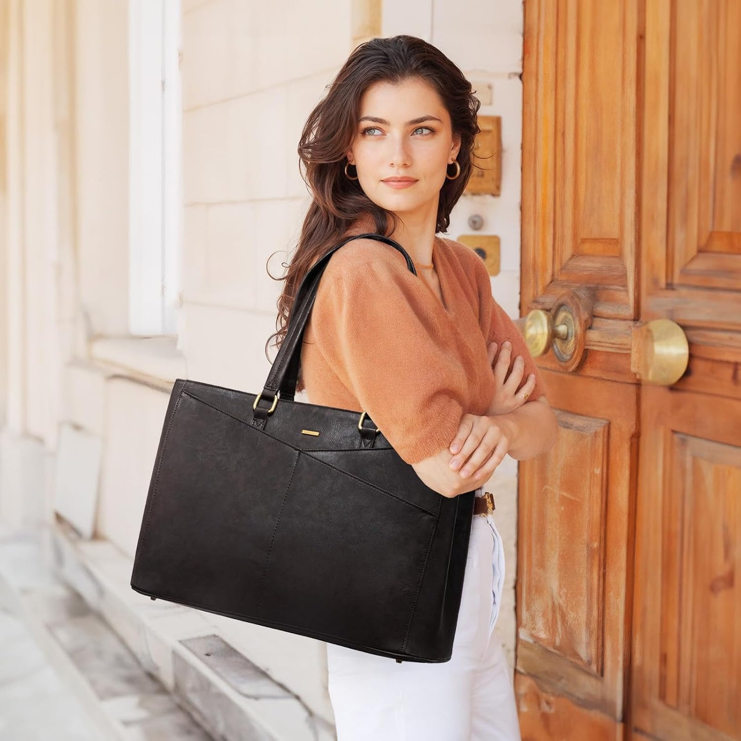 LOVEVOOK Laptop Bag for Women,15.6 Inch Laptop Tote Bag for Women,Vintage Leather Work Tote Bags Computer Business Teacher Bag,Waterproof Office Briefcase