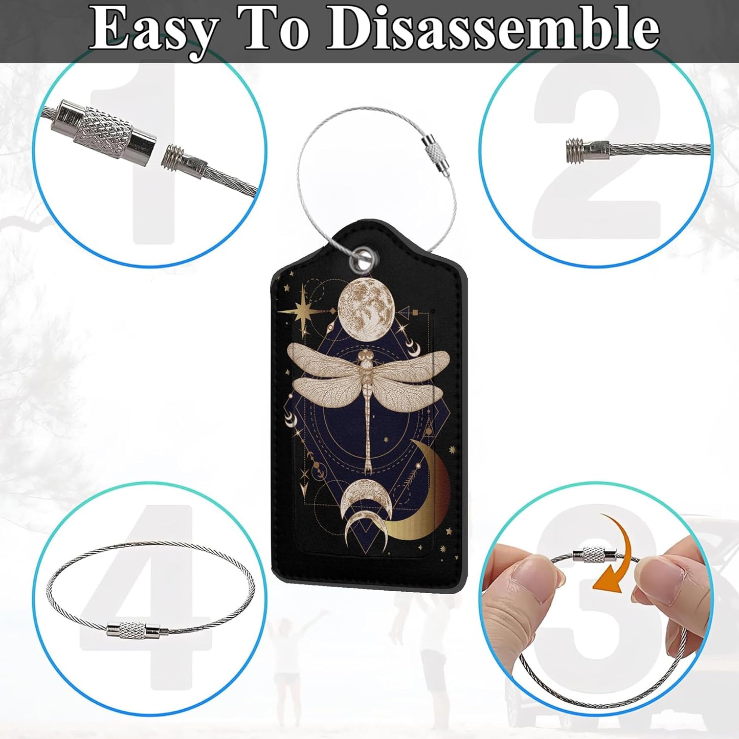 Geometric Magical Dragonflies, Moon, Stars PU Leather Luggage Tags for Suitcase, Travel 2 Pack with Privacy Flap, Name ID Label and Metal Loop for Women Men Girls Baggage Bag Backpack