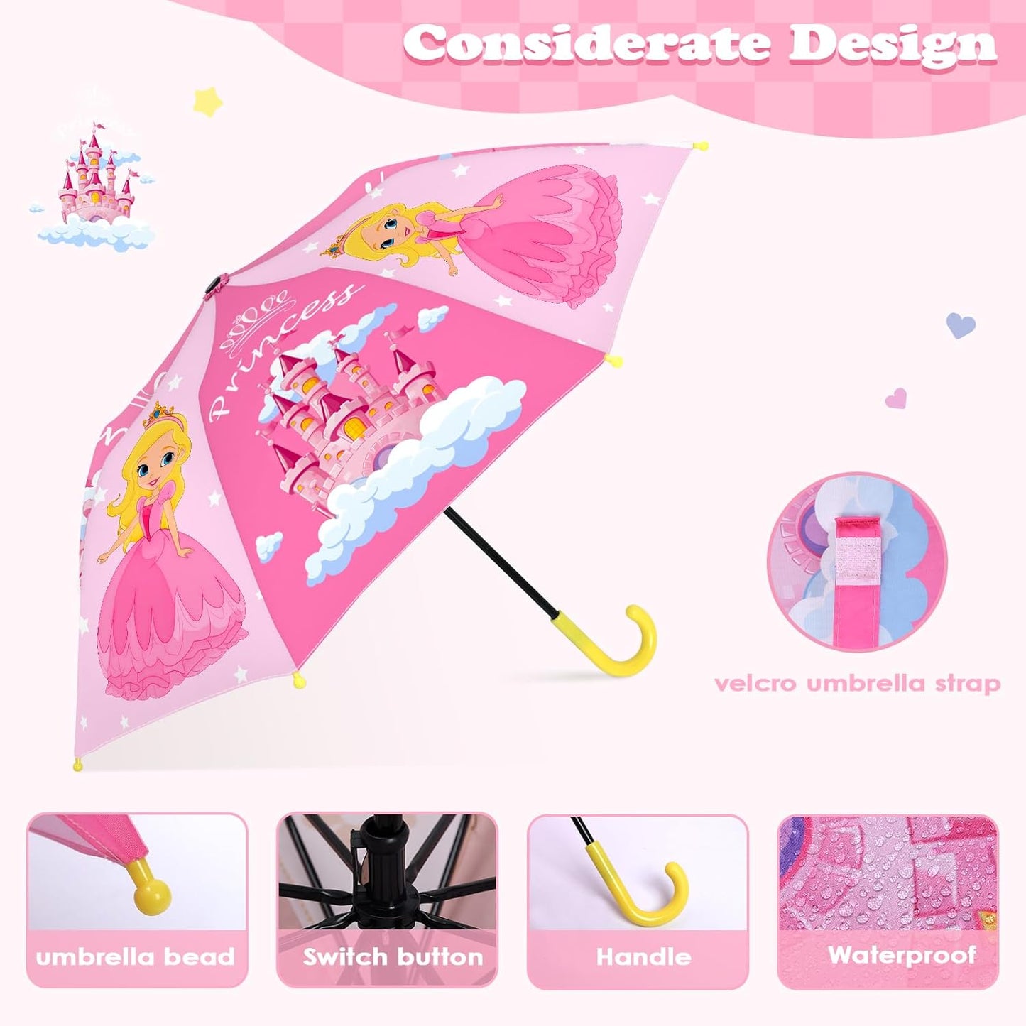 Kids Umbrella, Safety Windproof Umbrella with Easy-Grip Hook Handle for Toddler Girls and Boys