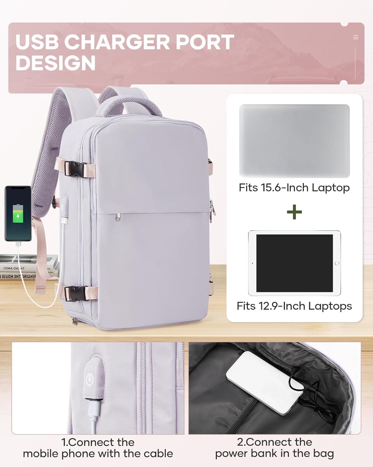 Vacuum Backpack Travel with Pump,Compression Vacpack Backpack With Shoe Compartment, 18.5x13x7.9IN Personal Item Travel Bag,Airline Approved Carry on Luggage(Light Purple)
