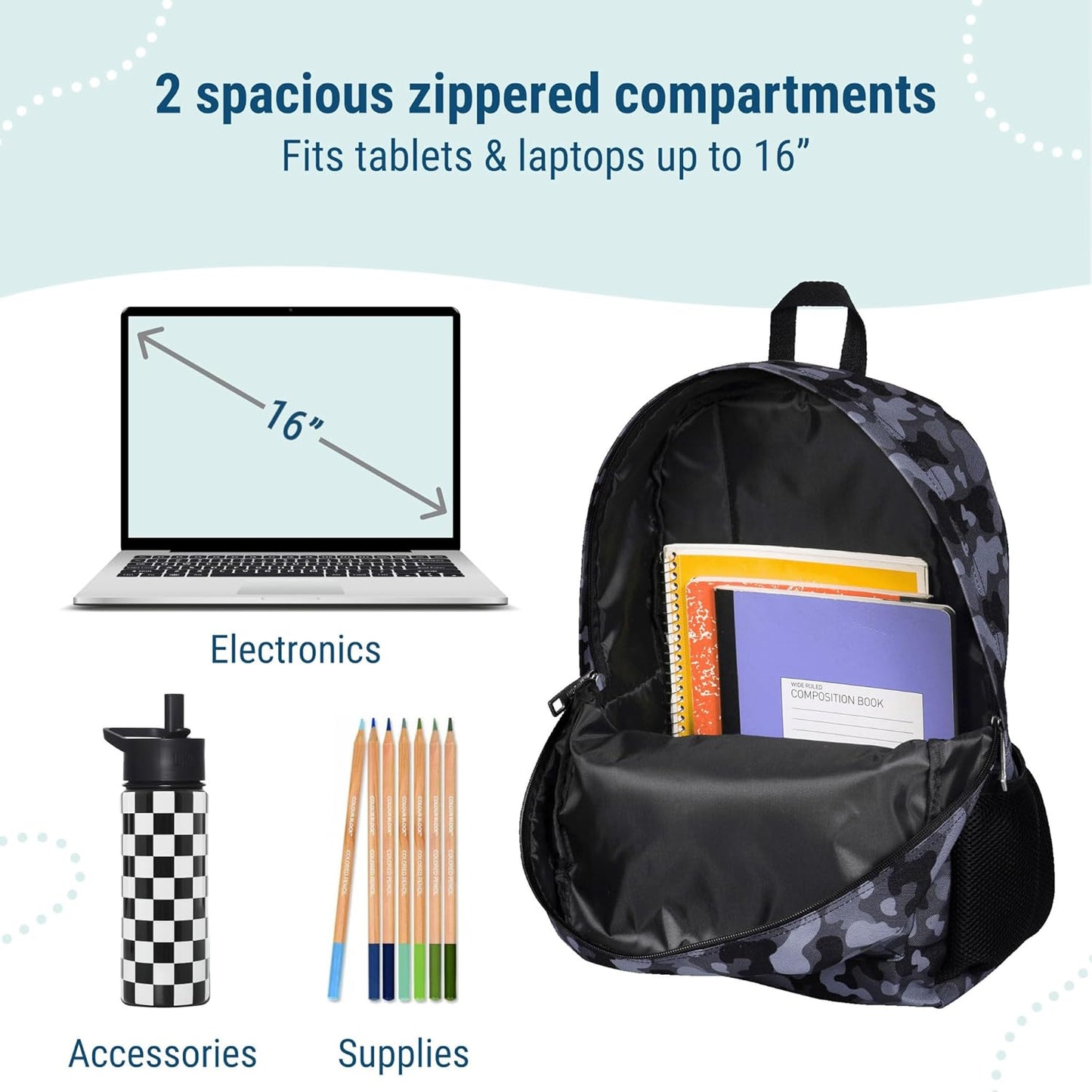 Wildkin 16-inch Kids Backpack – Durable, Padded & Spacious School Bag for Boys & Girls - Black Camo