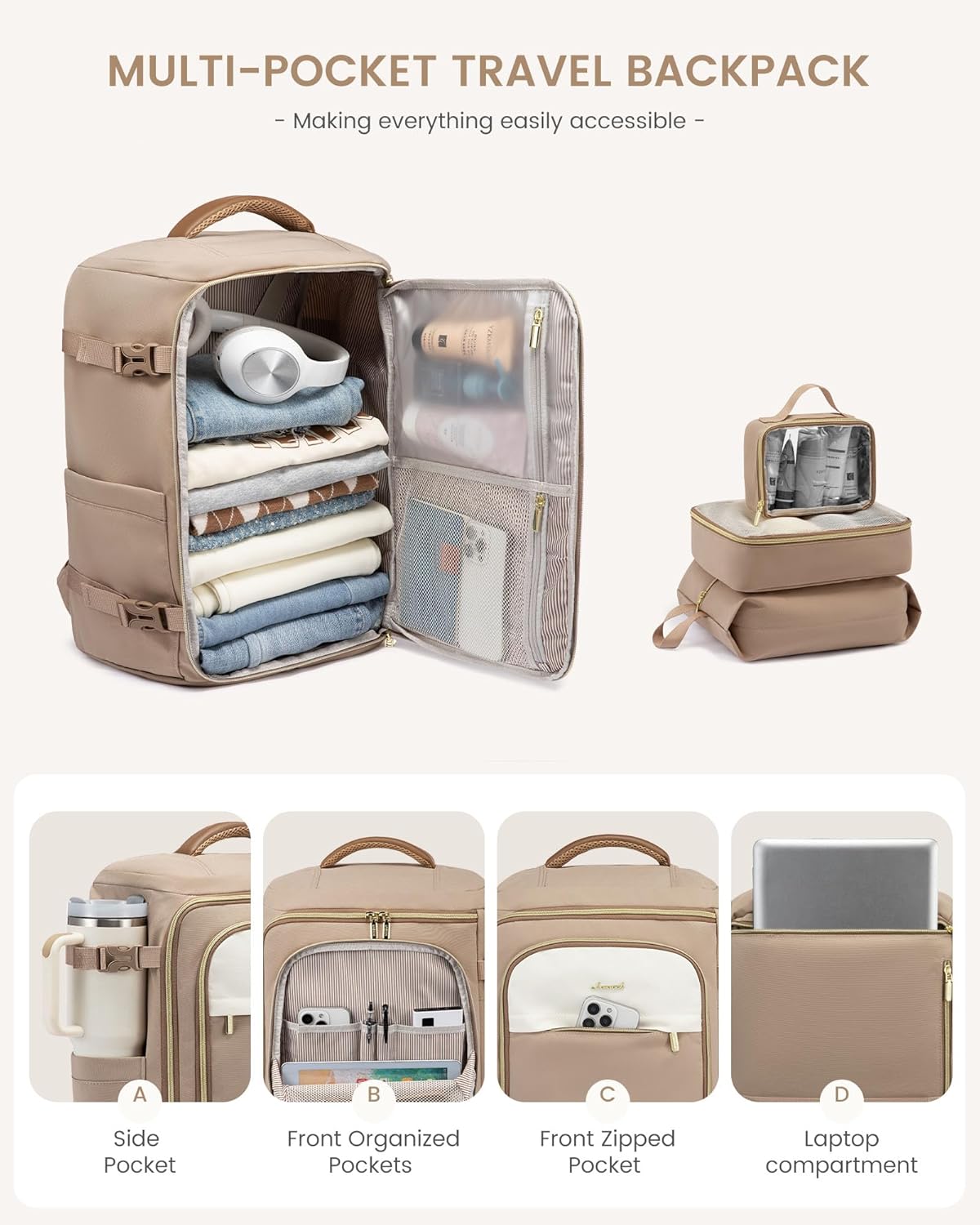 LOVEVOOK 50L Travel Backpack for Women, TSA Approved Carry On Backpack with 3 Packing Cubes