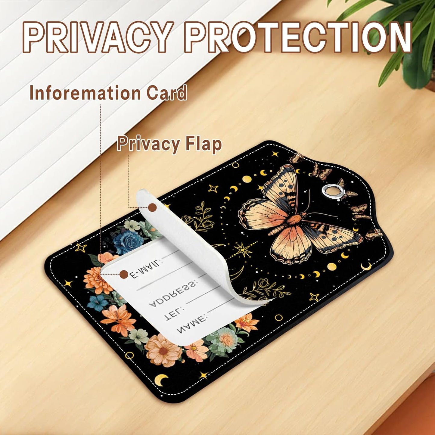 2 Pack Floral Butterfly Luggage Tags for Suitcase, Black Leather Luggage Tags, Privacy Cover ID Label with Stainless Steel Loop & Address Card, Butterfly Travel Bag Tag Travel Accessories for Suitcase