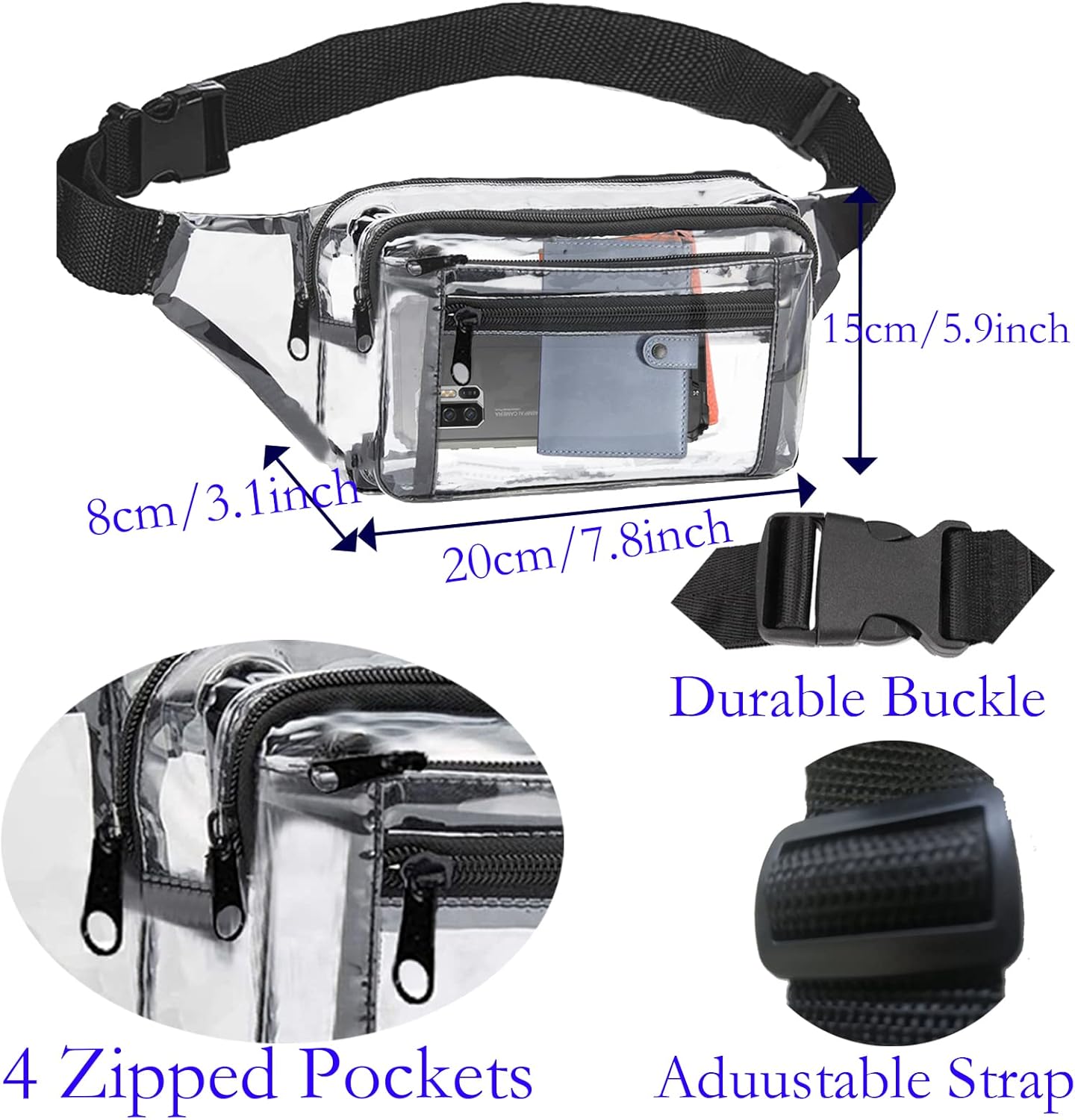 Clear Fanny Pack Stadium Approved Transparent Waist Bag for Women,Fashion Belt Bag Bum Bag for Festival Travel Beach Concerts Sporting Event(Clear Fanny Pack for Black)