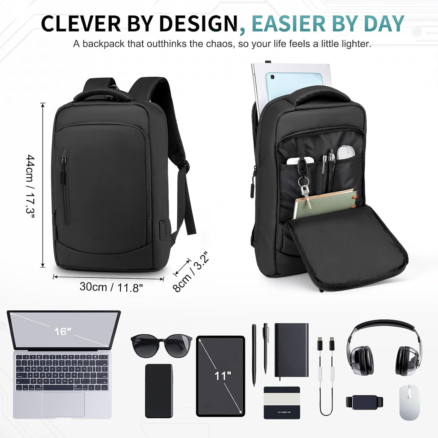 Shockproof Slim Laptop Backpack for Man, Fits 15.6" Laptops, Water Resistant Business Bag with USB A/C Port & Anti-Theft Pocket, Black