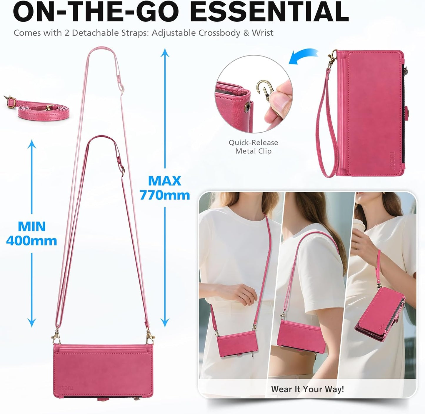 TUCCH Detachable Crossbody Case Wallet for iPhone 17 (6.3"), Wireless Charging | RFID Blocking 9 Card Holders | Lanyard | Wrist Strap | Stand | Zipper Pocket | PU Leather | Magnetic Cover | Hot Pink