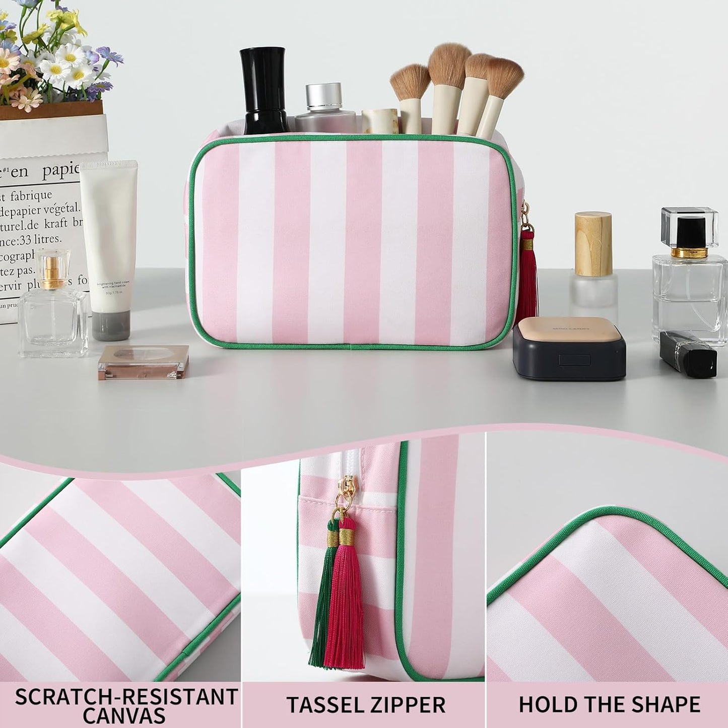Stripe Makeup Bag Travel Cosmetic Bag Organizer Tassel Toiletry Bag Large Canvas Zipper Pouch and Accessories Storage Bag for Women