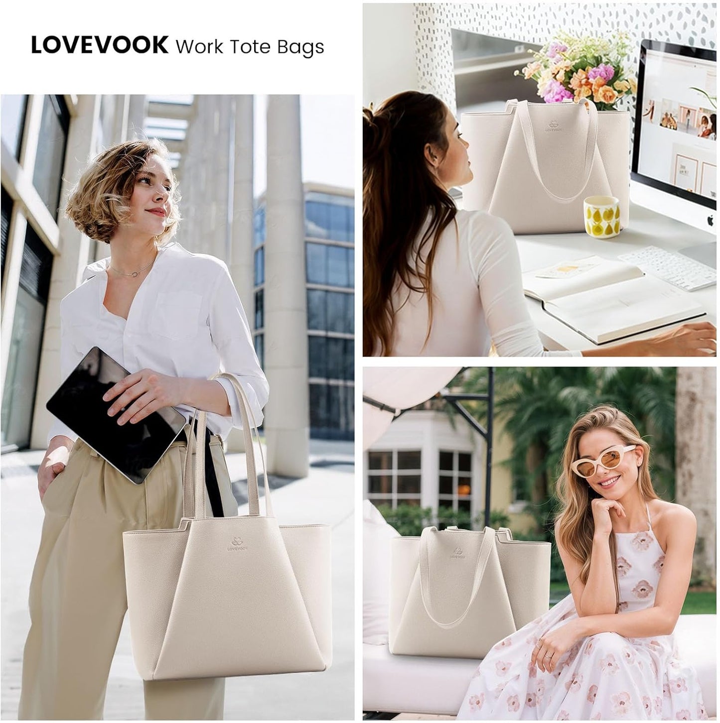 LOVEVOOK Laptop Tote for Women - 15.6 Inch Faux Leather Laptop Bag with Clutch, Large Capacity Office Purse for Casual Business Travel, Off White