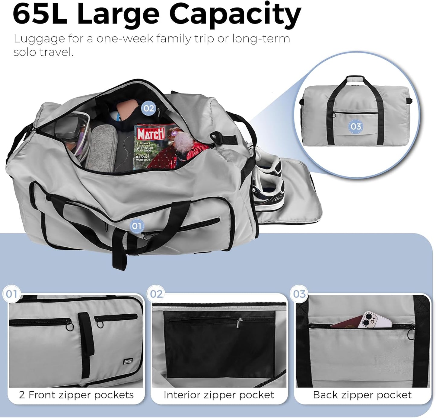Fmeida 65L Duffle Bag with Shoes Compartment, Foldable Travel Duffel Bags for Men Women, Large Packable Travel Bag Water Repellent & Tear Resistant (Light Gray)