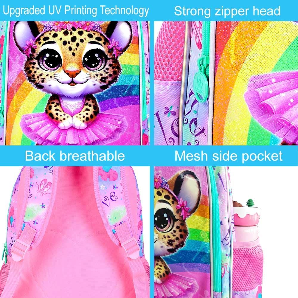 CCJPX 3PCS Ballet Backpack for Girls, 16 Inch Kids Leopard Water Resistant Preschool Bookbags, Cute