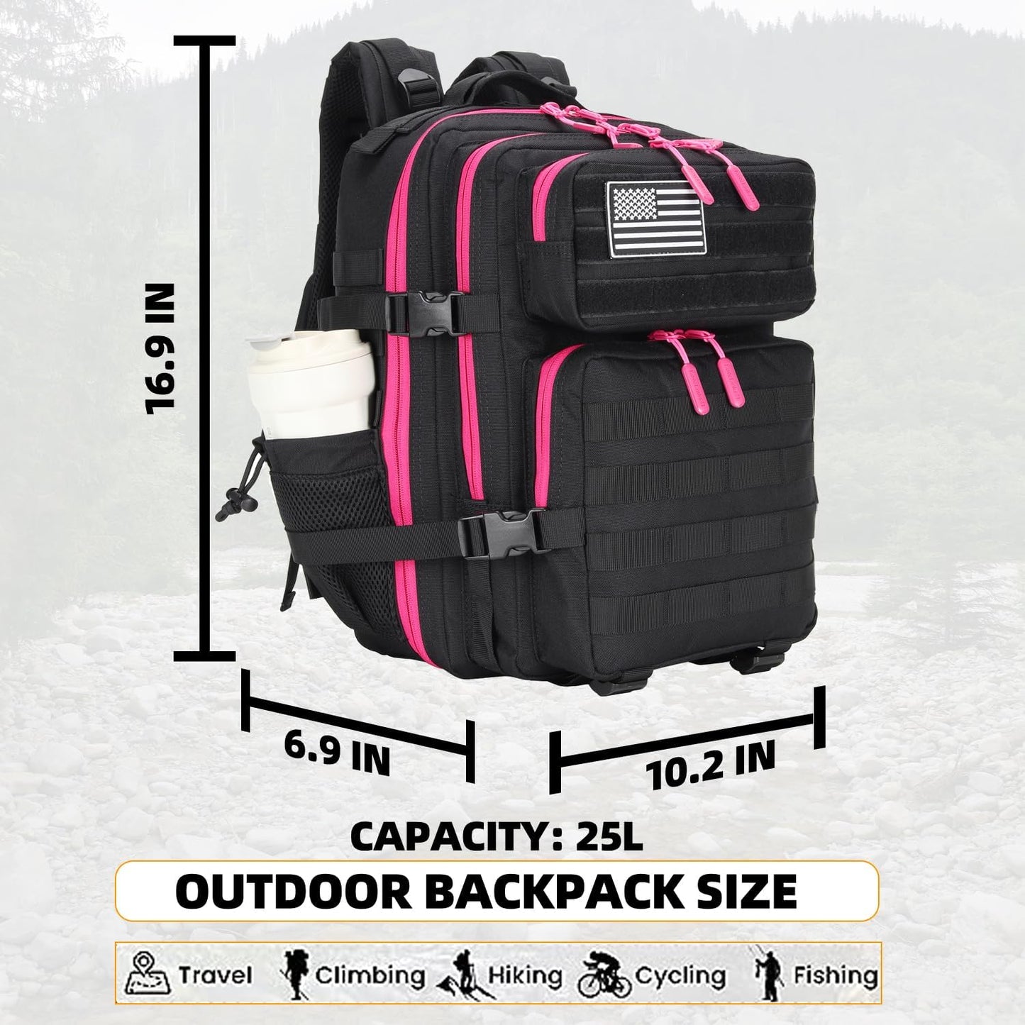 25L Tactical Military Backpack Small Travel Backpack for Men and Women Assault Pack Bug Out Bag Molle Daypack Gym Backpack with Bottle Holder (Black Neon Pink)