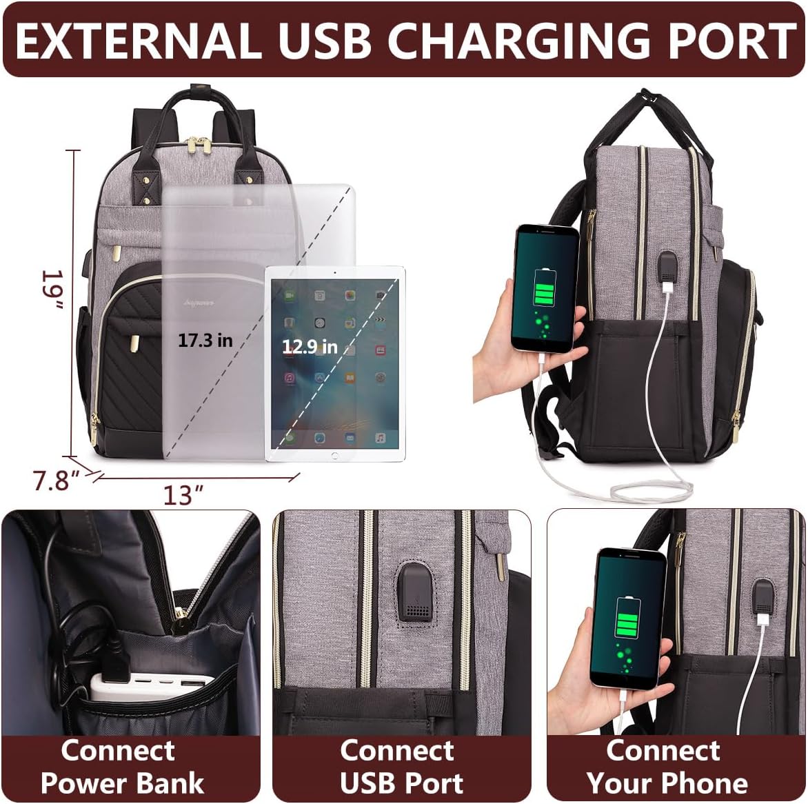 Laptop Backpack for Women Work Bag: College Backpacks 17.3 Inch with USB Charger School Book Bag Travel Computer Back Pack Casual Bookbags for Girls Teacher Black Grey