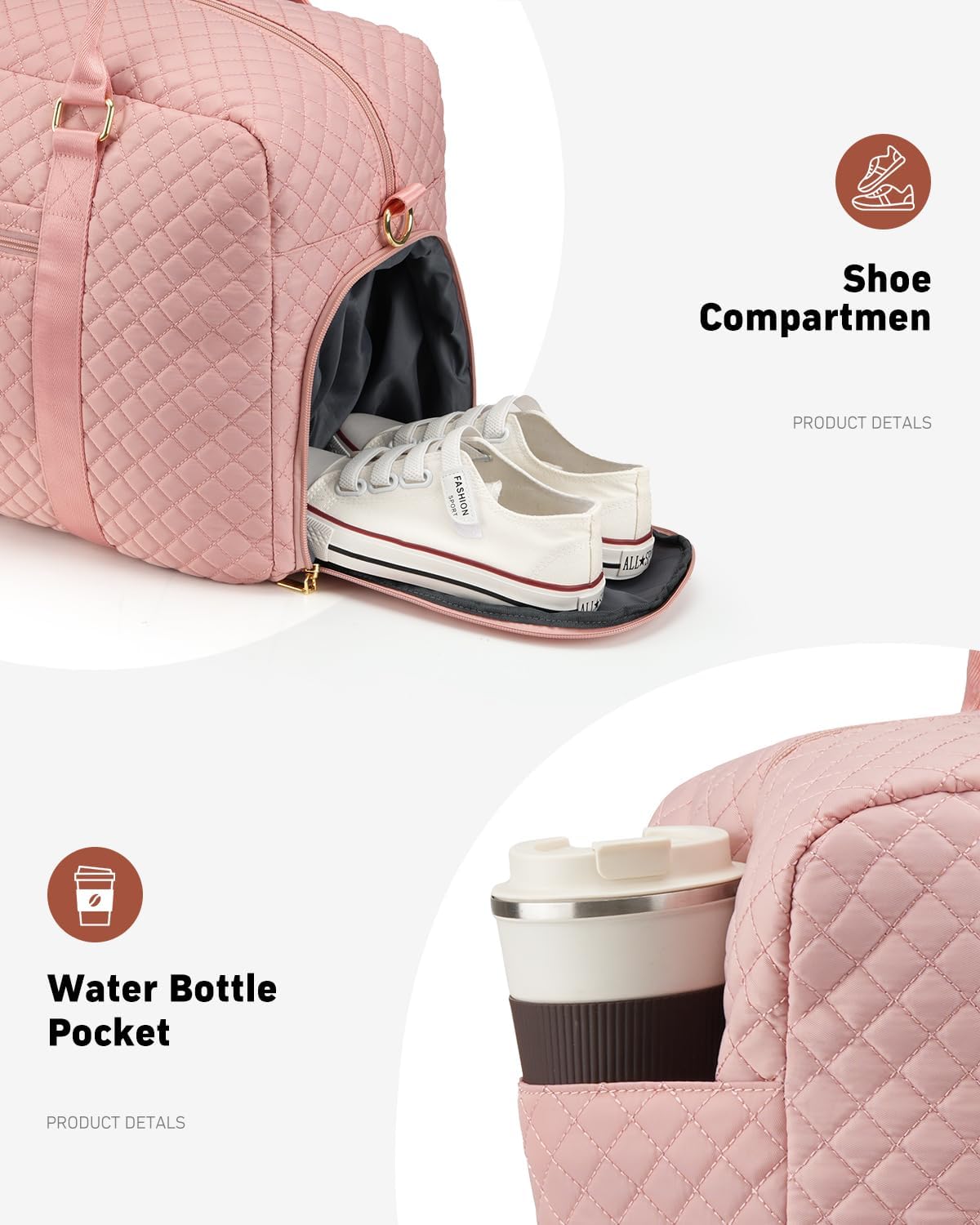 Travel Duffle Bag, Weekender Bags for Women with Shoe Compartment, Carry on Overnight Bag with Toiletry Bag & Wet Pocket, Hospital Bags for Labor and Delivery (Pink)