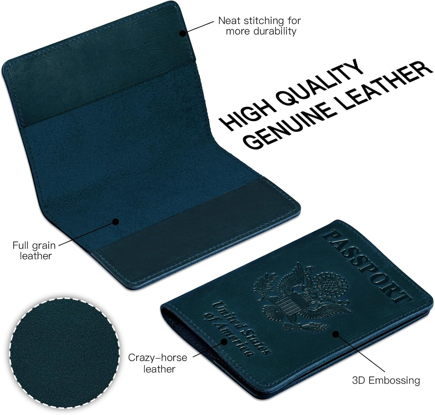 BIAOTIE Premium Leather Passport Holder Covers, Rfid Travel Wallet Passport Document Holder, Travel Essentials Wallet Cover Case for Men and Women (Blue)