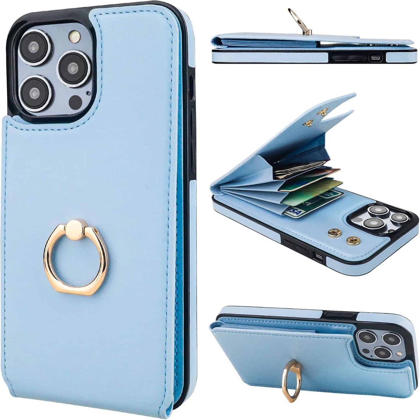 Folosu Compatible with iPhone 14 Pro Max Case Wallet with Card Holder, 360°Rotation Finger Ring Holder Kickstand, RFID Blocking Leather Protective Double Buttons Shockproof Cover 6.7 Inch Blue