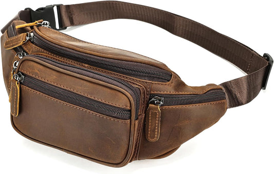 Genuine Leather Fanny Pack Men Women Multi-Pockets sling Waist Bag For Travel Sports Hiking Cycling Fishing Running Crazycoffee Small
