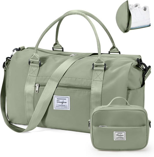 Gym Bag for Women with Shoes Compartment,Small Duffel Bag Sport bag with Toiletry Bag Overnight Travel Tote Bags Weekender Carry on Bag Personal Item Bags for Airlines Grey Green