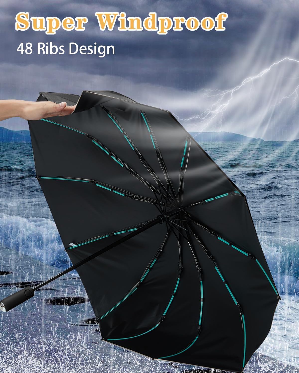 Large Double-Ribs Umbrella Automatic Folding Umbrella for Women Men, Travel, UPF 50+ UV Protection,46-Inch, 12 Ribs, Light Green