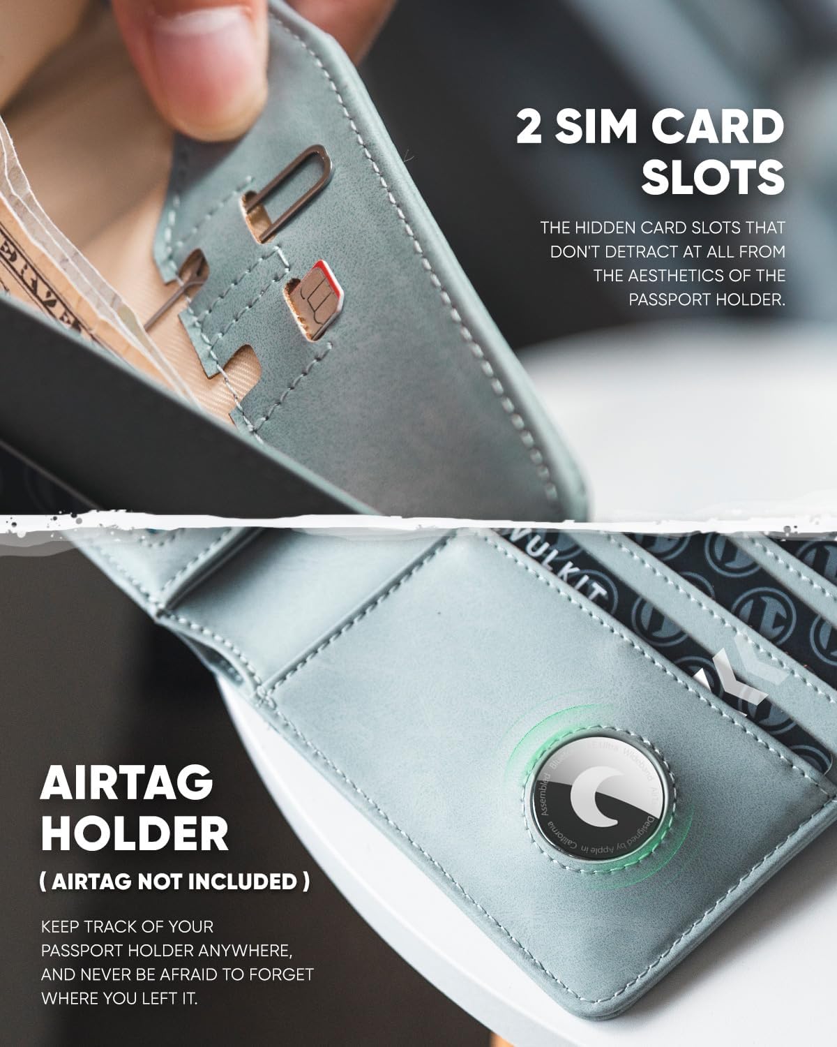 Real Leather Wallet Airtag Compatible RFID Bifold Travel Card Holder Black (Blue)