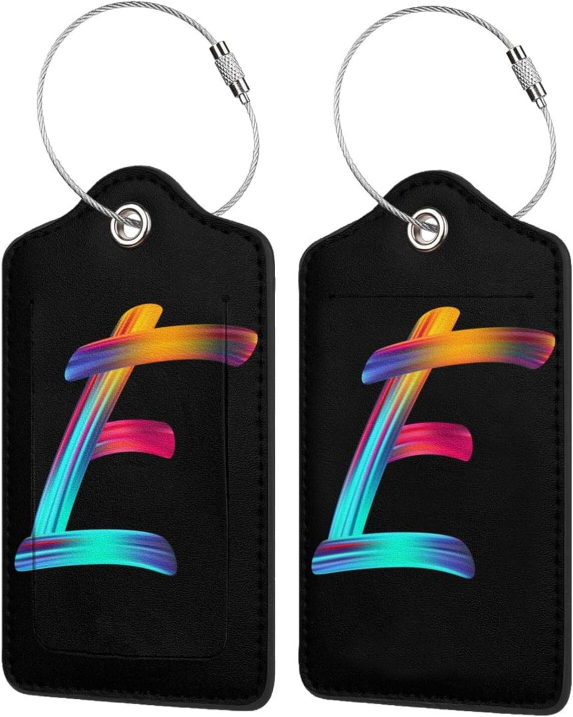 2 Pack Initial Luggage Tags for Suitcase, Colorful Letter Design Cruise Name Bag Tags, Novelty Baggage Identifiers with Full Privacy Cover, Leather ID Label for Women Men Kids Travel, Rainbow Letter E