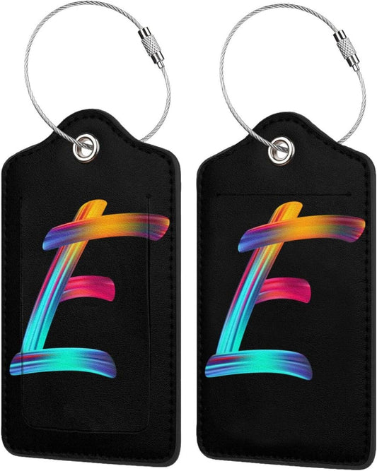 2 Pack Initial Luggage Tags for Suitcase, Colorful Letter Design Cruise Name Bag Tags, Novelty Baggage Identifiers with Full Privacy Cover, Leather ID Label for Women Men Kids Travel, Rainbow Letter E