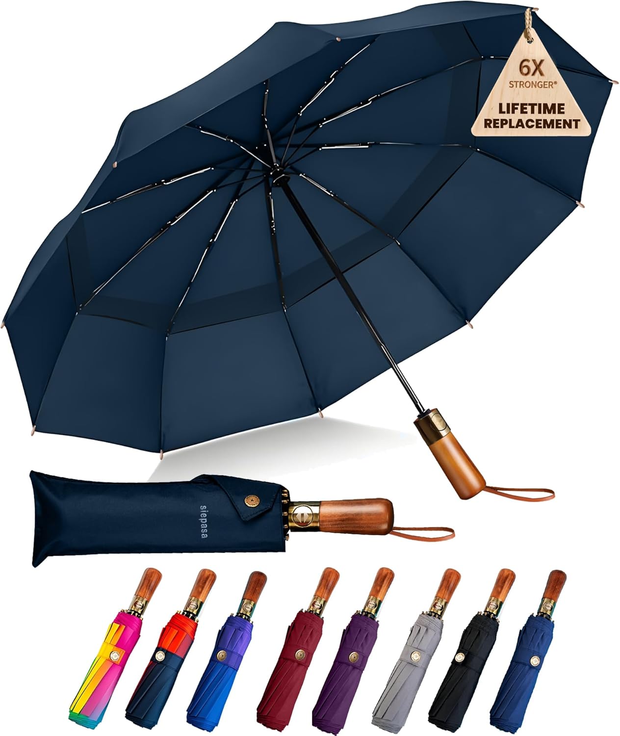 SIEPASA 49/54/62 Inch Windproof Golf Umbrella - Automatic Open/Close, Real Wood Handle - Large Folding Travel Umbrella for Wind, Rain & Sun Protection.