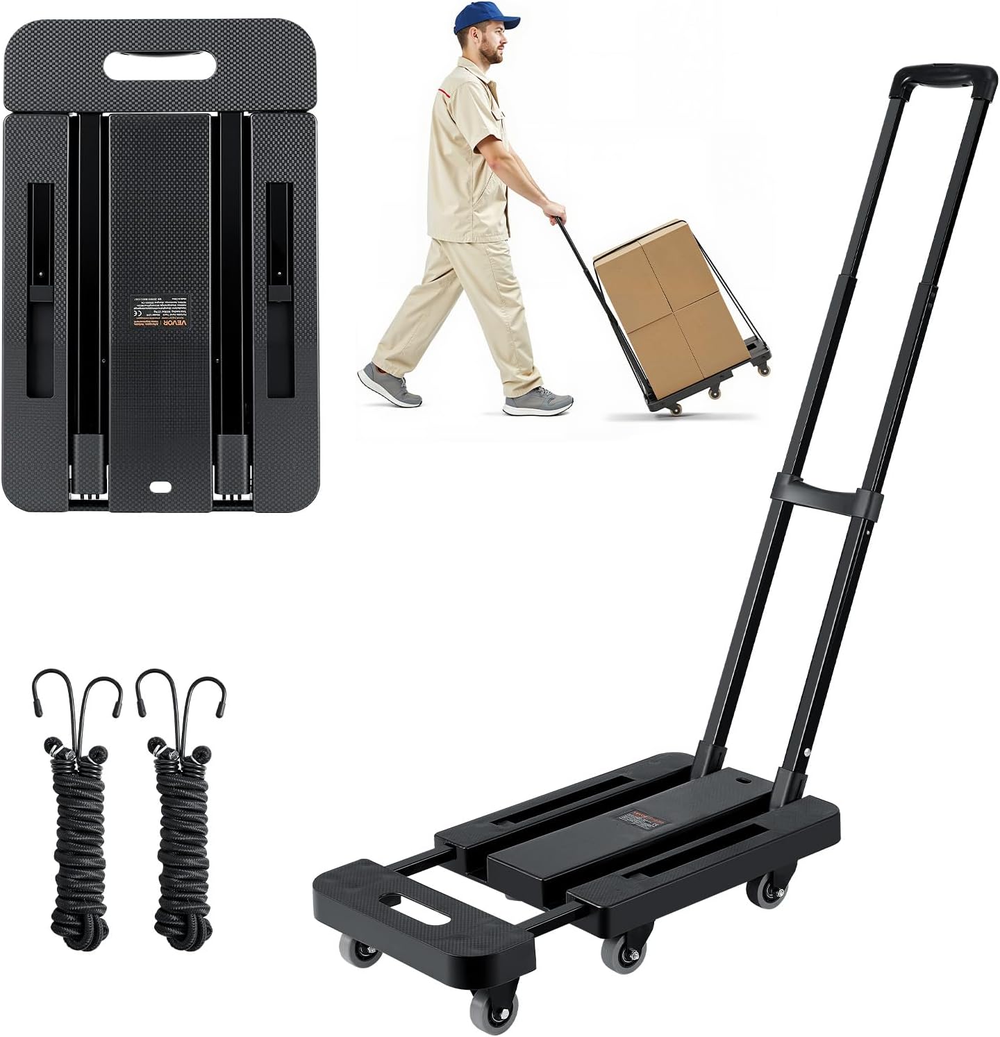 VEVOR Folding Hand Truck, 500 lbs Load Capacity, Collapsible Luggage Cart with 6 Wheels, 2 Elastic Ropes & Expandable Base, Utility Dolly Platform Cart for Airport Travel Luggage Office Moving, Black