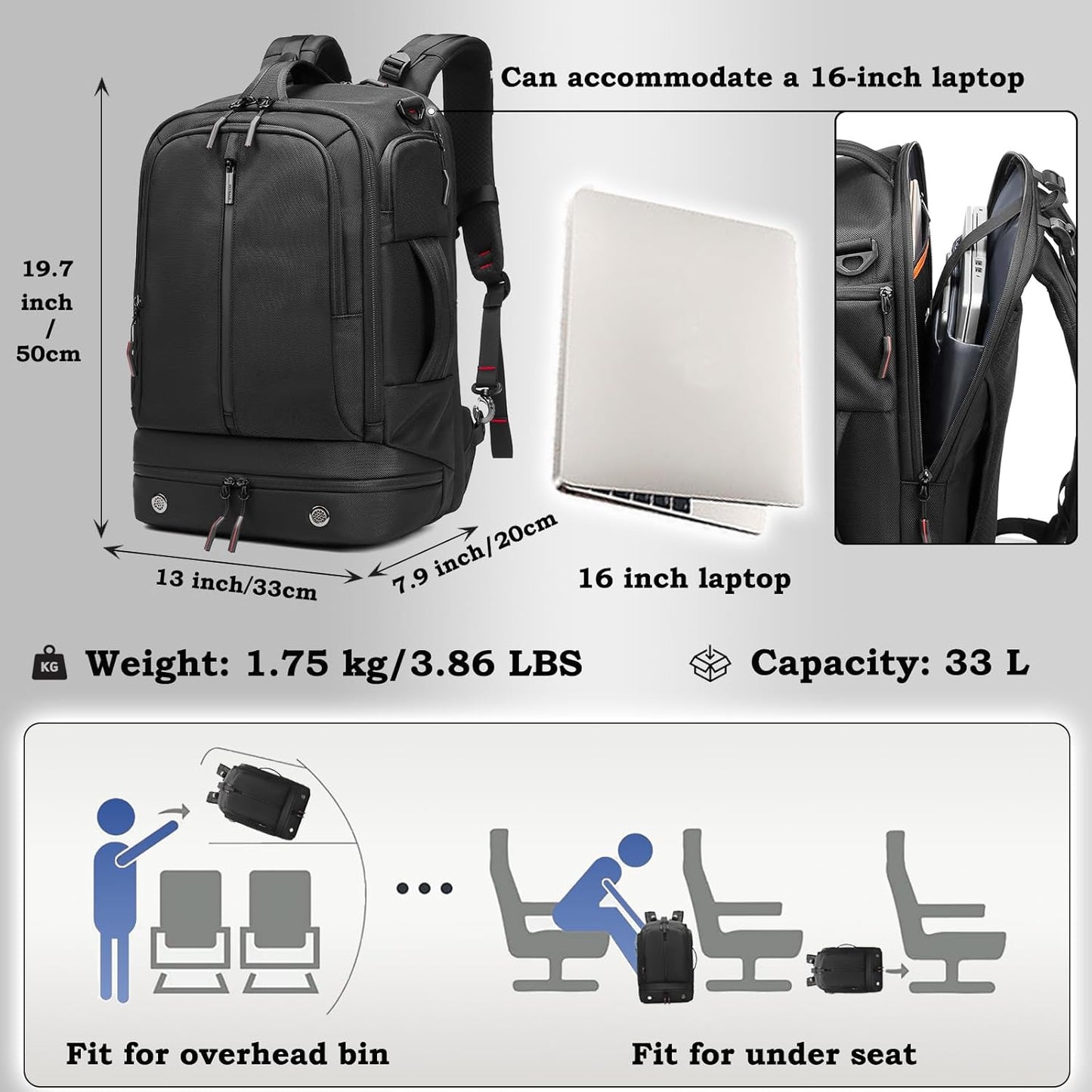 Somago 16 Inch Laptop Backpack Water Resistant Carry On Daypack Backpack Anti Theft Travel Rucksack Backpack with Shoe Compartment Shoulder Strap for Men Women, 33L (Black)