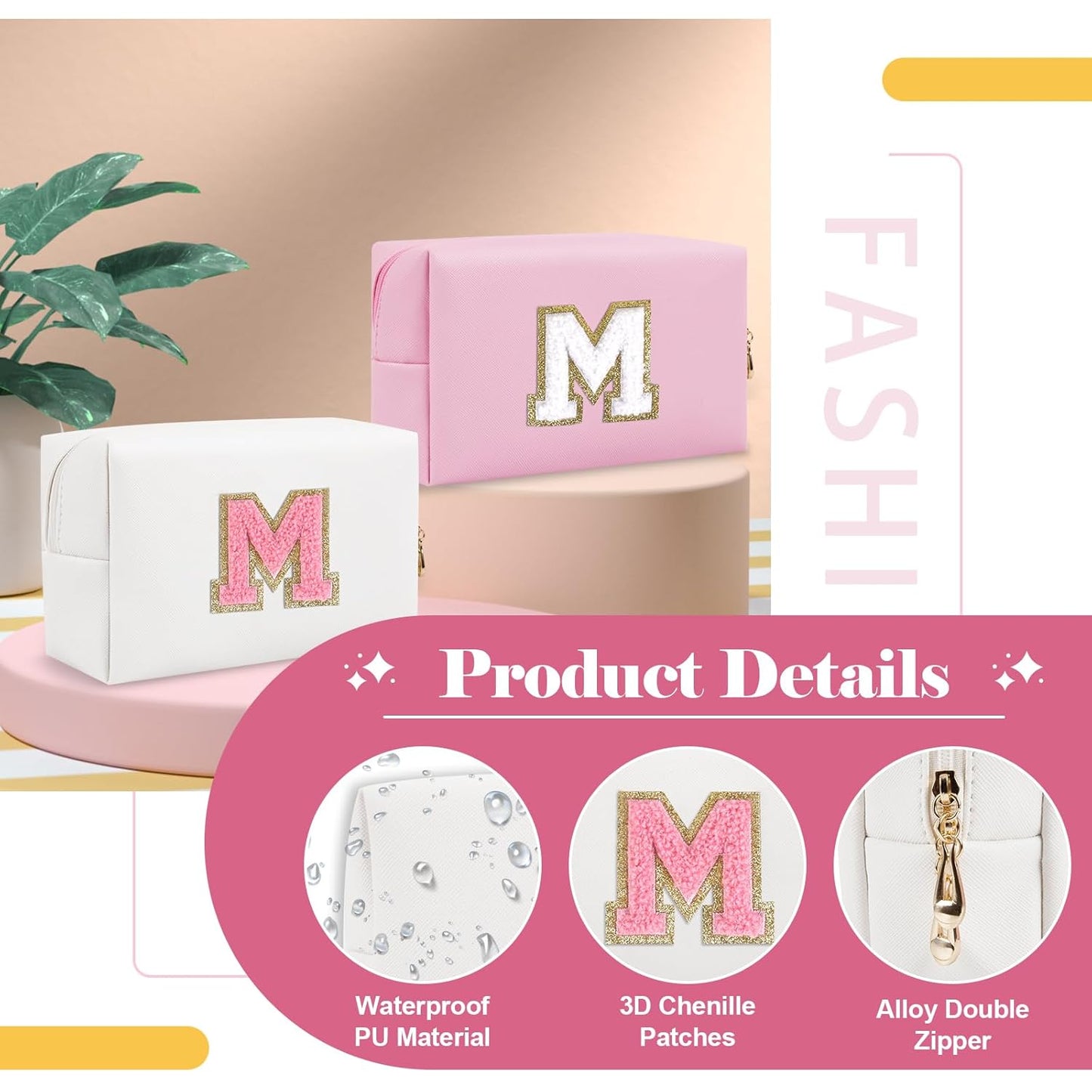 Personalized Makeup Bag Initial A-Z Preppy Patch Bag,Small PU Leather Travel Cosmetic Bag Pouch with Zipper,White Cute Toiletry Bag,Gift Ideal for Teen Girls Women Birthday Friend Mom,Letter M
