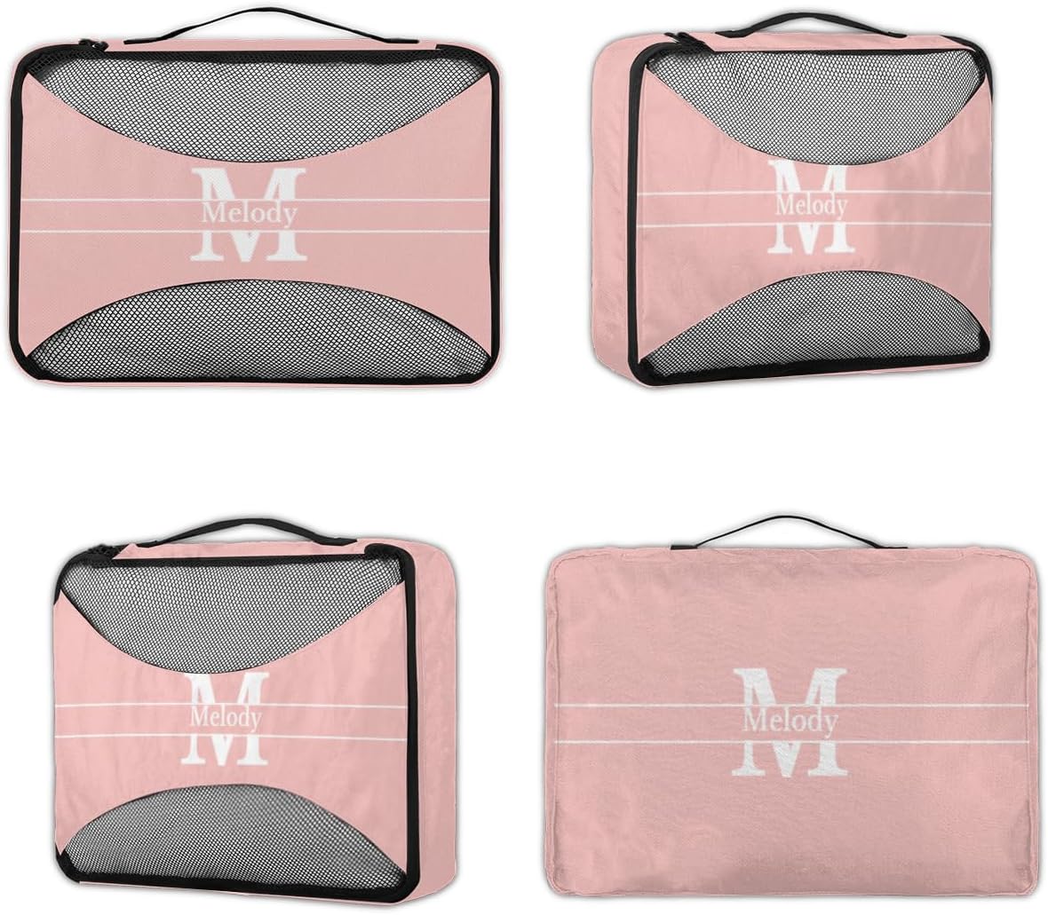 Custom Packing Cubes with Name, 4Pcs/Set Travel Luggage Packing Organizers Set for Women, Pale Pink Background with Initial Letter